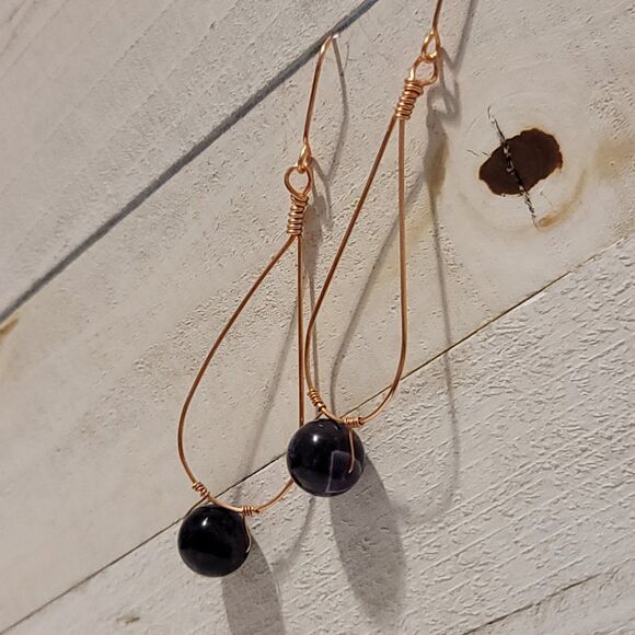 Handmade Teardrop Amethyst Dangle Earrings Copper Wire Wrapped Gemstone - Picture 4 of 8